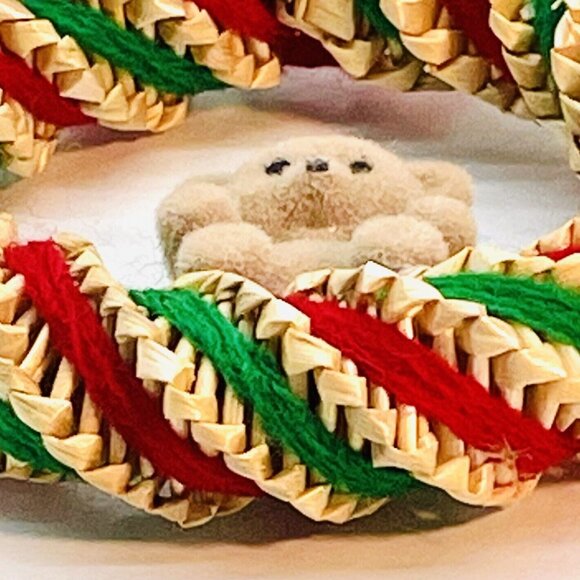 Vintage Christmas Ornament Straw Wreath With Teddy Bear Green & Red Wool Strings - Picture 5 of 12